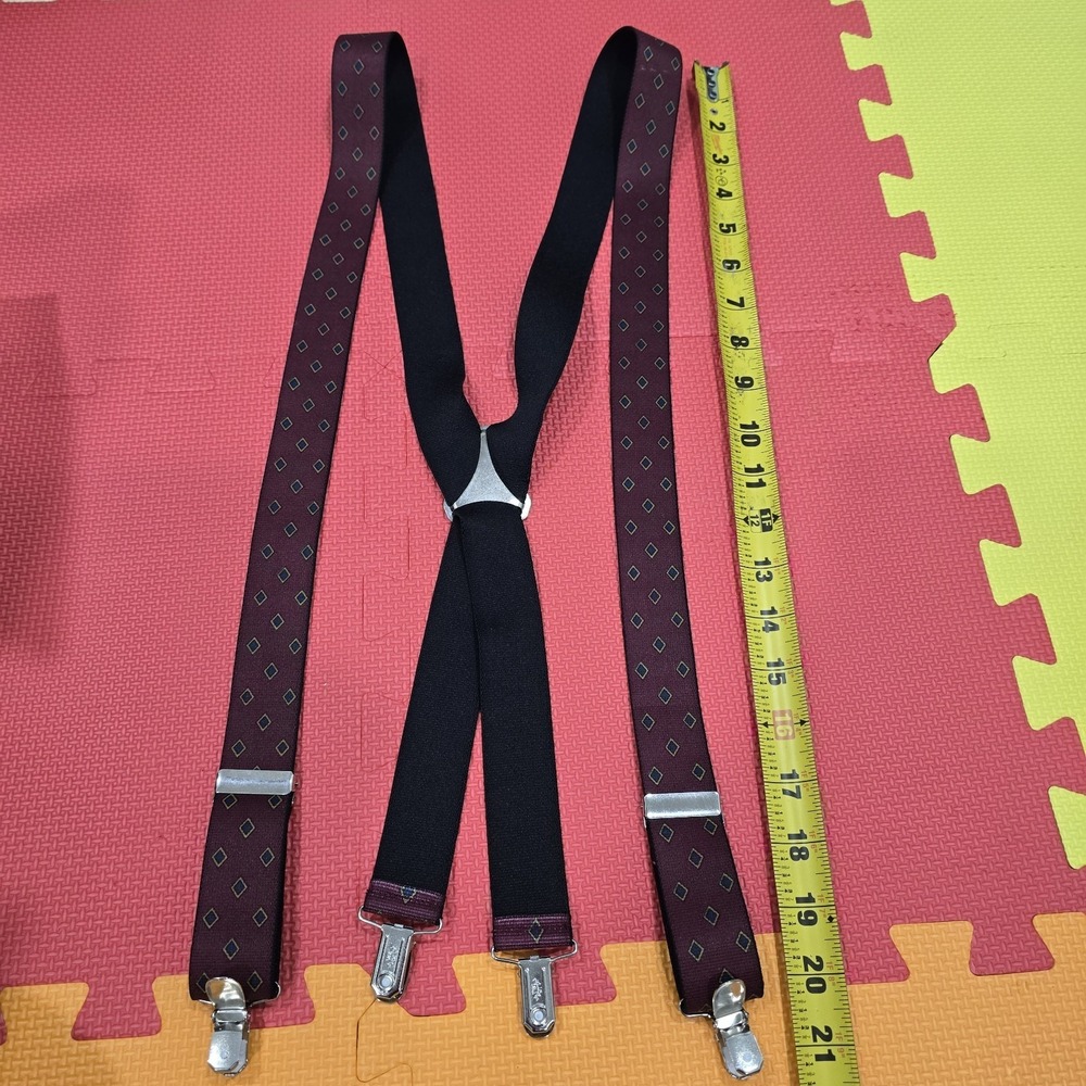 Vintage Men's Suspenders X-Back Maroon Burgundy Diamond LUCKY USA Clips